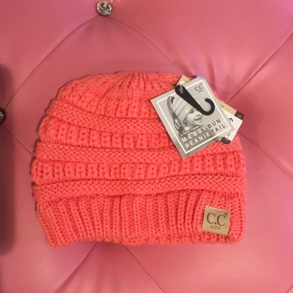 Kids CC brand cable knit messy beanie bun Coral